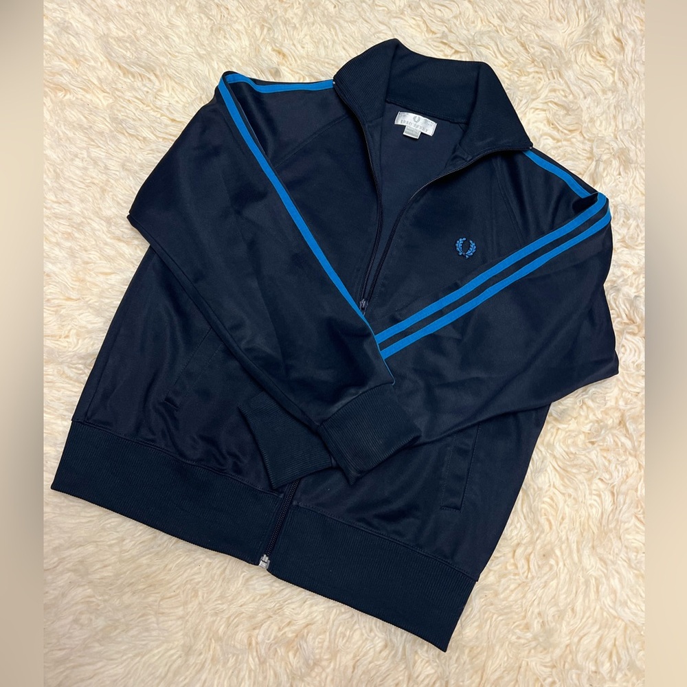 Fred Perry Navy Track Jacket with Bright Blue Stripes